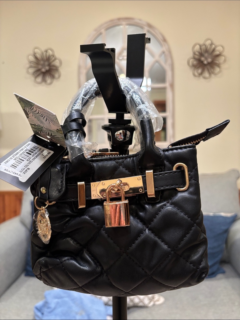 Badgley Mischka Black Quilted Mini Top-Handle Bag with Gold Lock